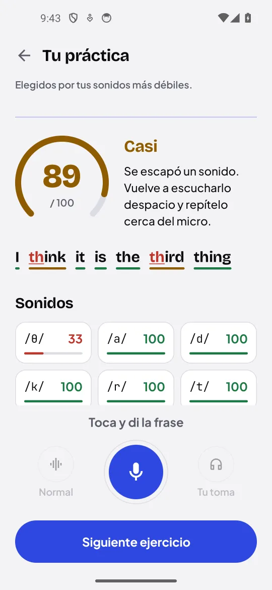 Resultado de una frase: puntuación, palabras marcadas y nota por sonido