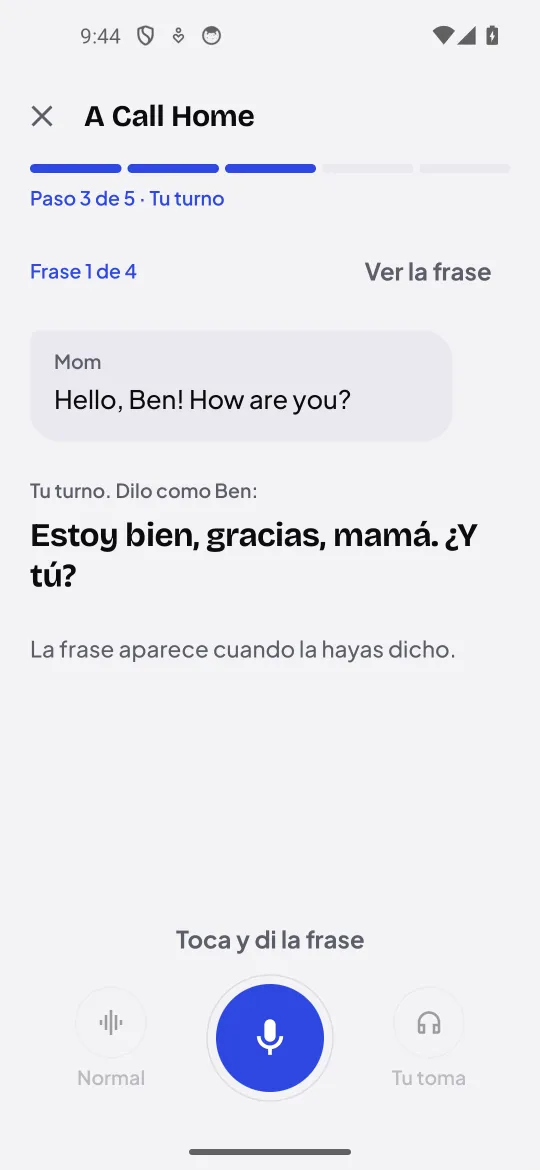 Ejercicio de Tu turno en una lección: el usuario dice la frase de un diálogo