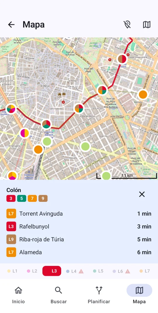 Network map with live arrivals for a station